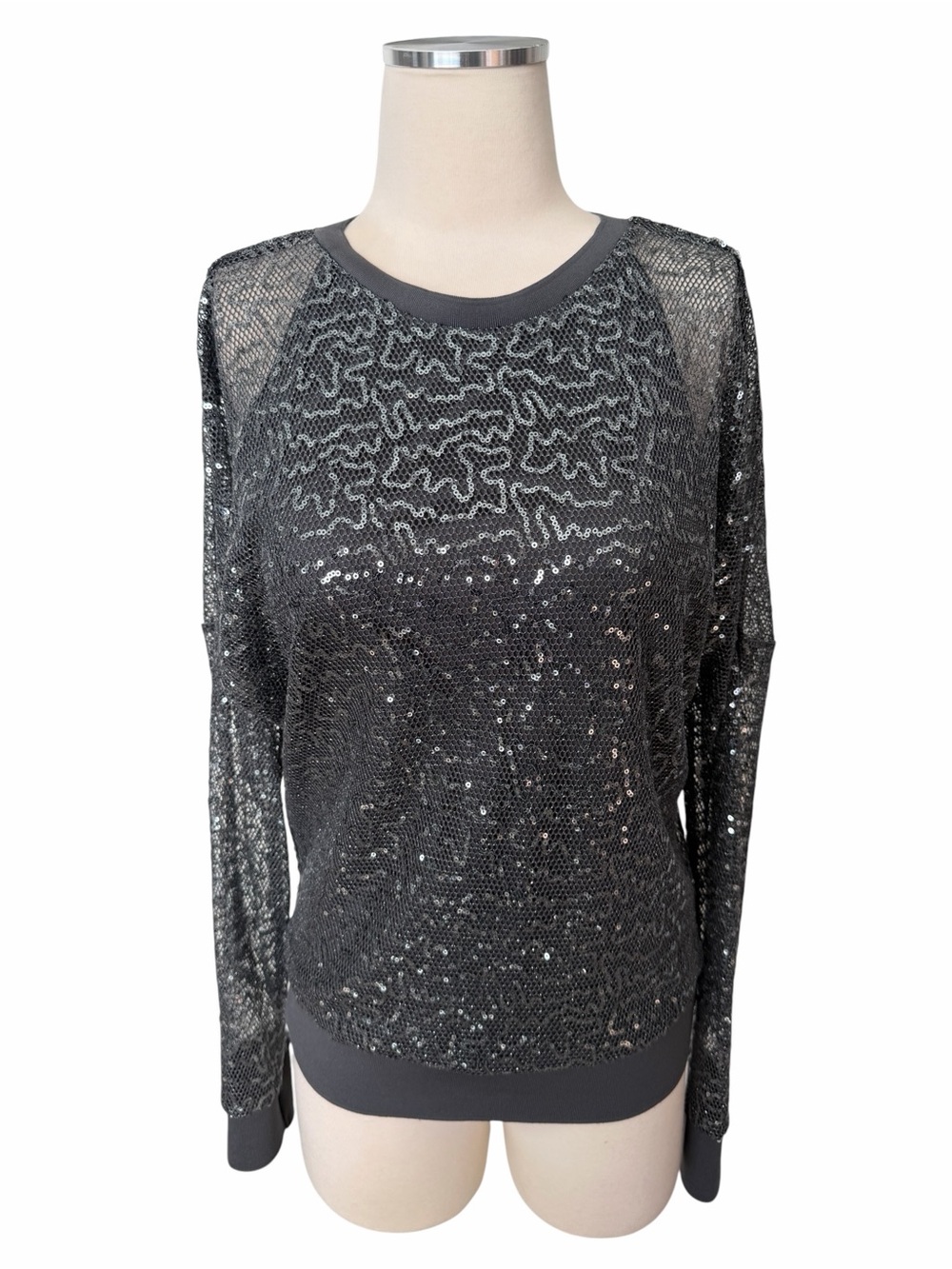 DKNY Grey Sequin Long-Sleeve Crewneck Top Sz S